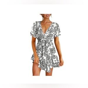 Women's Dress Deep V-Neck Short Sleeve Waist Tie Ruffle Mini Swing Skater Dress